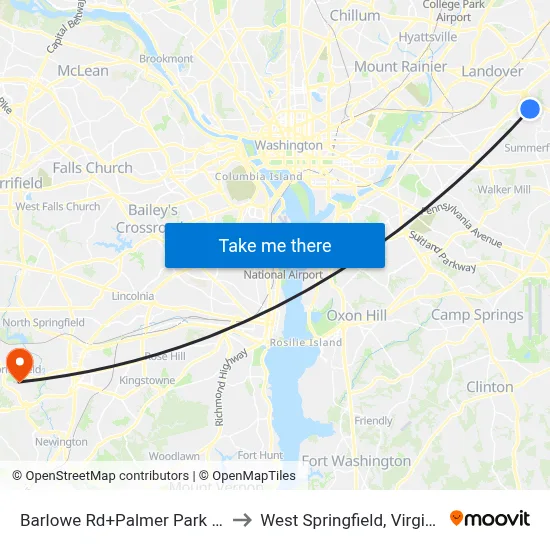 Barlowe Rd+Palmer Park Rd to West Springfield, Virginia map