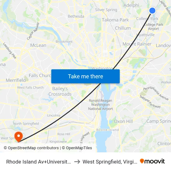 Rhode Island Av+University Bl to West Springfield, Virginia map