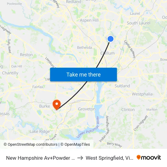 New Hampshire Av+Powder Mill Rd to West Springfield, Virginia map