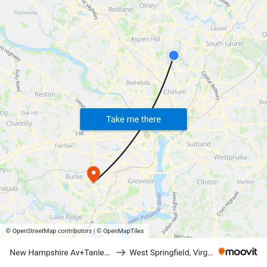New Hampshire Av+Tanley Rd to West Springfield, Virginia map