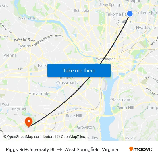 Riggs Rd+University Bl to West Springfield, Virginia map