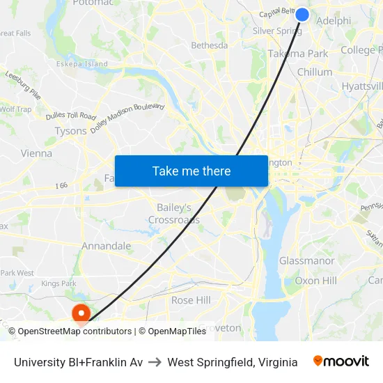 University Bl+Franklin Av to West Springfield, Virginia map