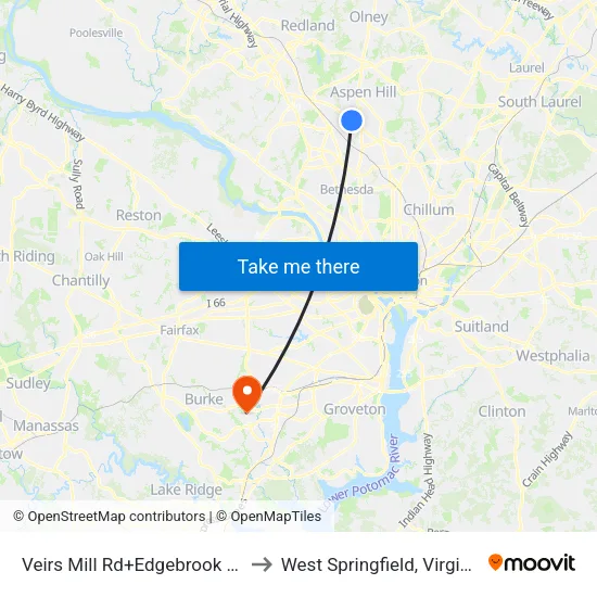 Veirs Mill Rd+Edgebrook Rd to West Springfield, Virginia map