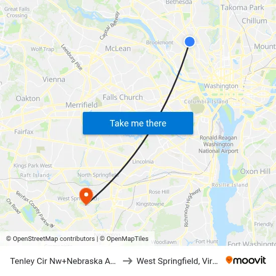 Tenley Cir Nw+Nebraska Av NW to West Springfield, Virginia map