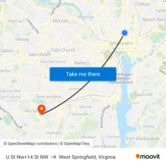 U St Nw+14 St NW to West Springfield, Virginia map