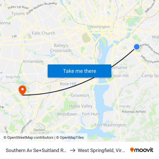 Southern Av Se+Suitland Rd SE to West Springfield, Virginia map