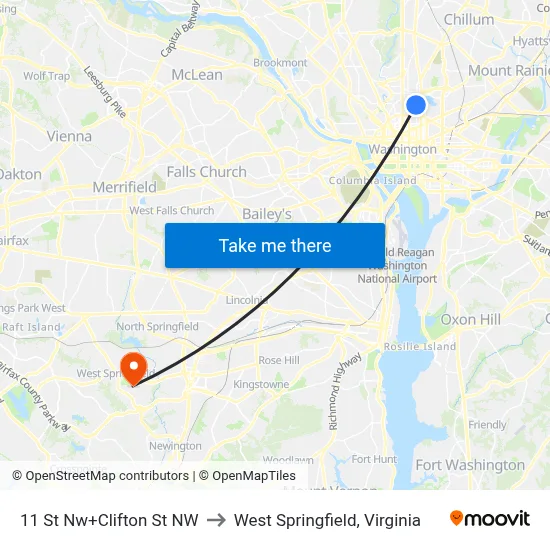 11 St Nw+Clifton St NW to West Springfield, Virginia map