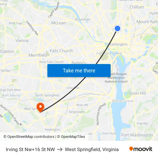 Irving St Nw+16 St NW to West Springfield, Virginia map
