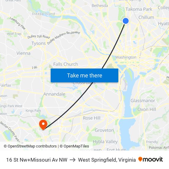 16 St Nw+Missouri Av NW to West Springfield, Virginia map