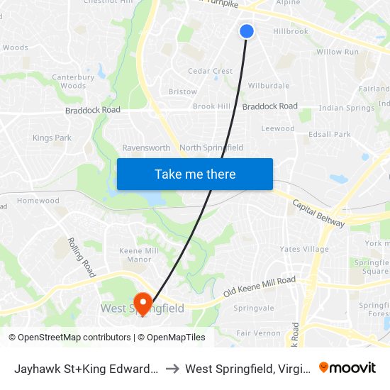 Jayhawk St+King Edward Ct to West Springfield, Virginia map