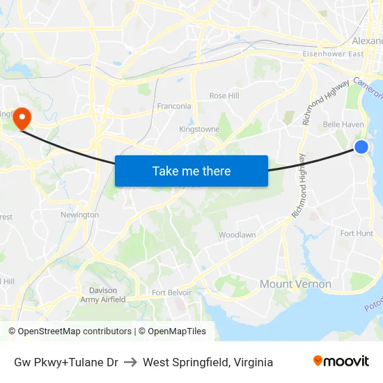 Gw Pkwy+Tulane Dr to West Springfield, Virginia map