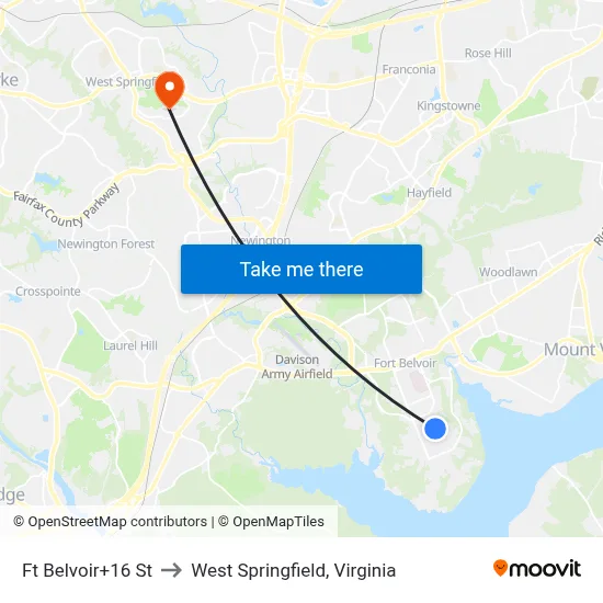 Ft Belvoir+16 St to West Springfield, Virginia map