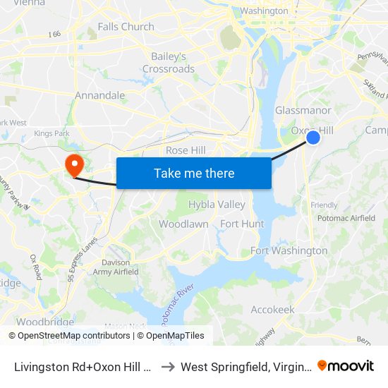Livingston Rd+Oxon Hill Rd to West Springfield, Virginia map