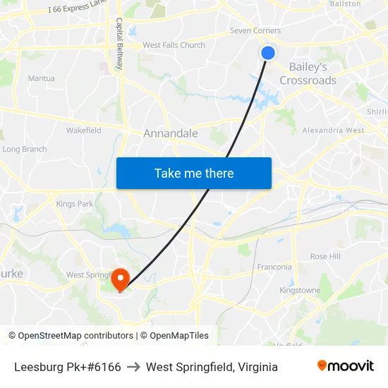 Leesburg Pk+#6166 to West Springfield, Virginia map