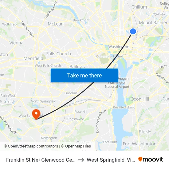 Franklin St Ne+Glenwood Cemetery to West Springfield, Virginia map