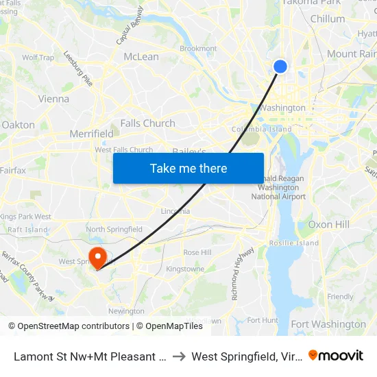 Lamont St Nw+Mt Pleasant St NW to West Springfield, Virginia map
