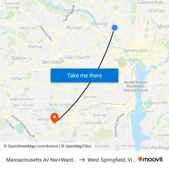 Massachusetts Av Nw+Ward Cir NW to West Springfield, Virginia map