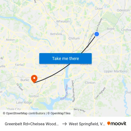 Greenbelt Rd+Chelsea Woods Condos to West Springfield, Virginia map