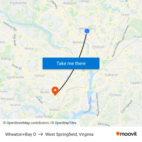 Wheaton+Bay D to West Springfield, Virginia map