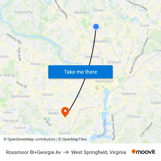 Rossmoor Bl+Georgia Av to West Springfield, Virginia map