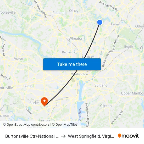 Burtonsville Ctr+National Dr to West Springfield, Virginia map