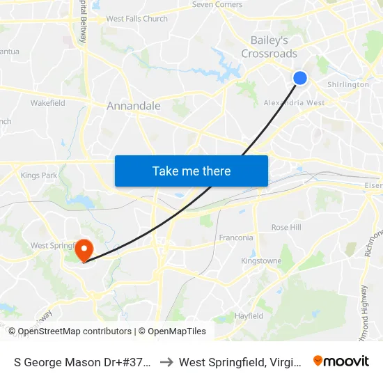 S George Mason Dr+#3701 to West Springfield, Virginia map