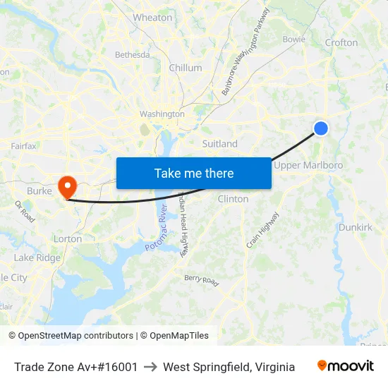 Trade Zone Av+#16001 to West Springfield, Virginia map