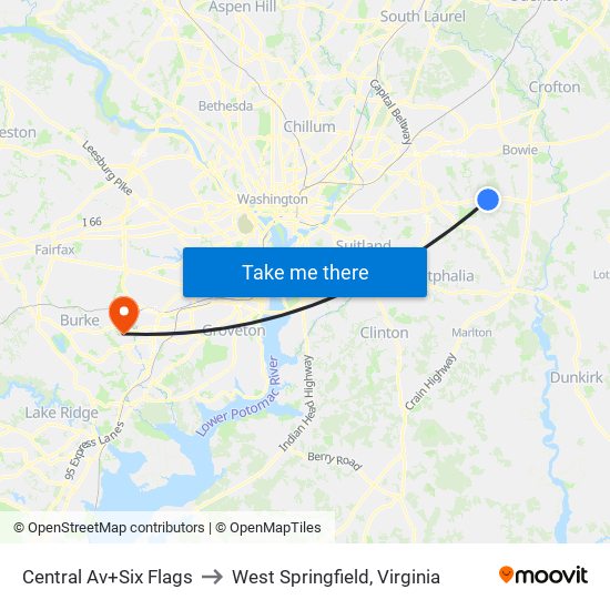 Central Av+Six Flags to West Springfield, Virginia map