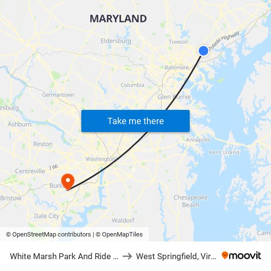 White Marsh Park And Ride Bay 1 to West Springfield, Virginia map