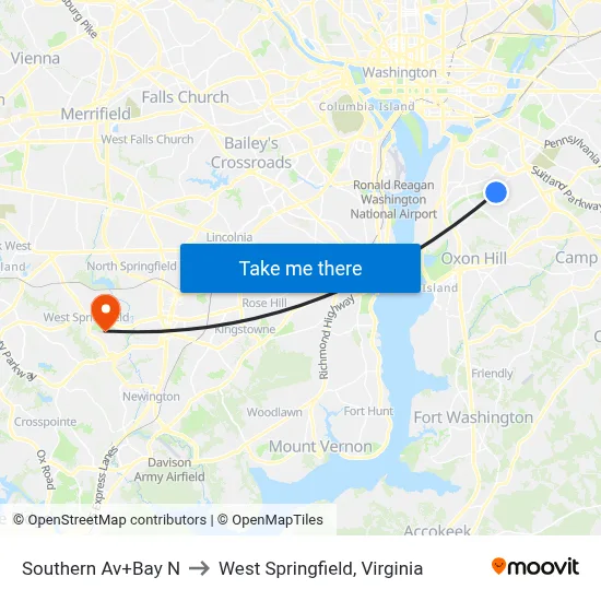 Southern Av+Bay N to West Springfield, Virginia map