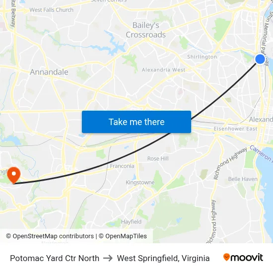 Potomac Yard Ctr North to West Springfield, Virginia map