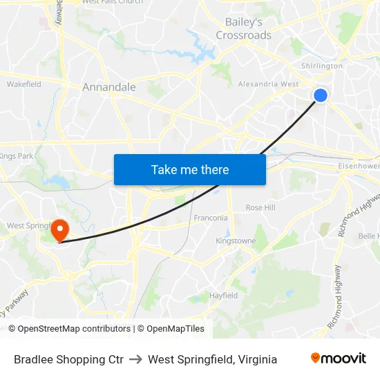 Bradlee Shopping Ctr to West Springfield, Virginia map