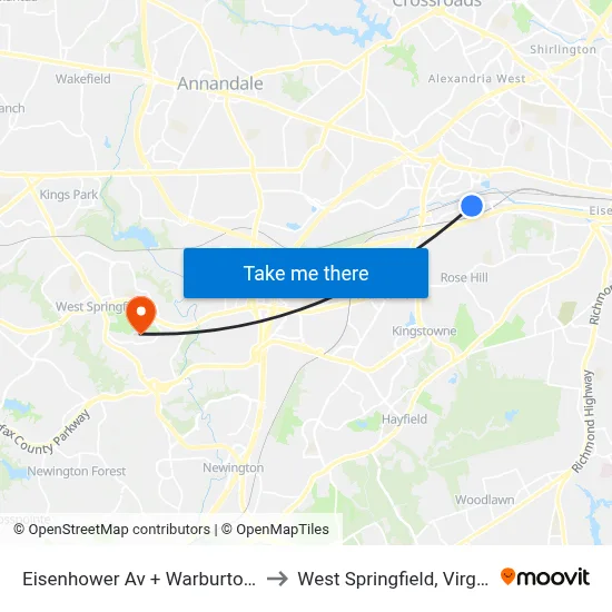 Eisenhower Av + Warburton St to West Springfield, Virginia map