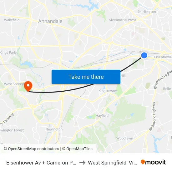 Eisenhower Av + Cameron Parke Pl to West Springfield, Virginia map