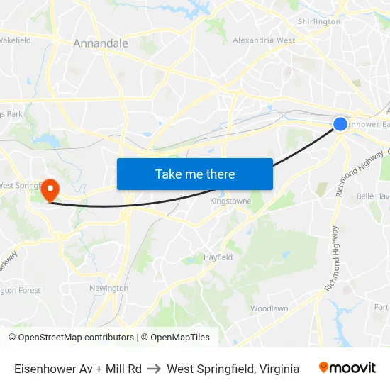 Eisenhower Av + Mill Rd to West Springfield, Virginia map