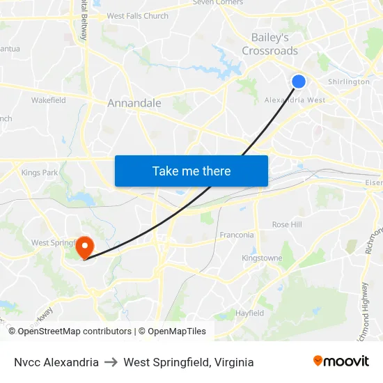 Nvcc Alexandria to West Springfield, Virginia map