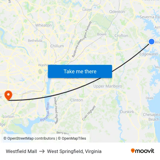 Westfield Mall to West Springfield, Virginia map