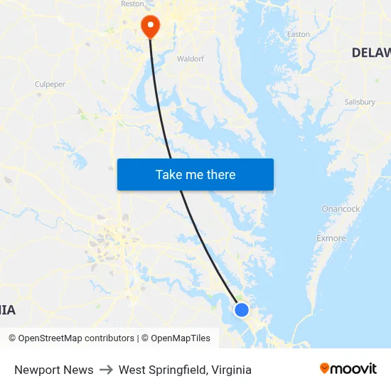Newport News to West Springfield, Virginia map