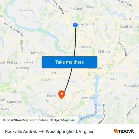 Rockville Amtrak to West Springfield, Virginia map