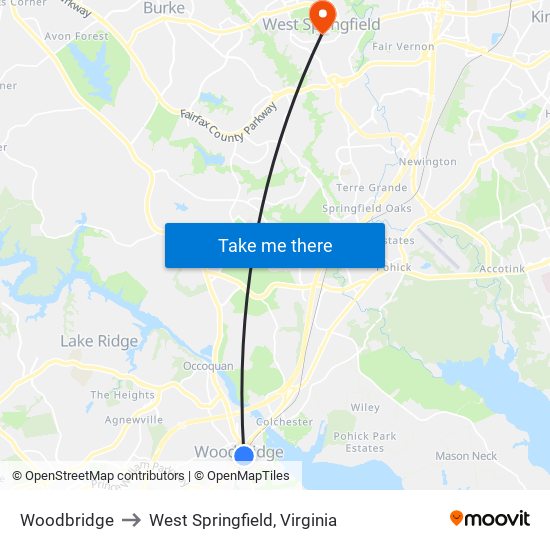 Woodbridge to West Springfield, Virginia map