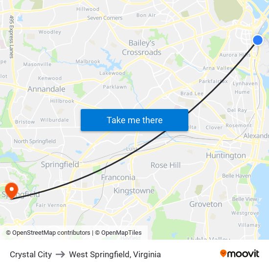 Crystal City to West Springfield, Virginia map