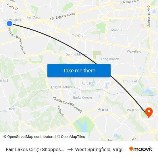 Fair Lakes Cir @ Shoppes La to West Springfield, Virginia map