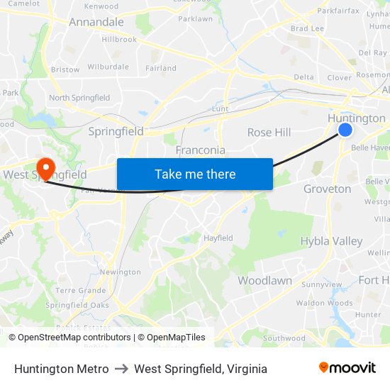 Huntington Metro to West Springfield, Virginia map