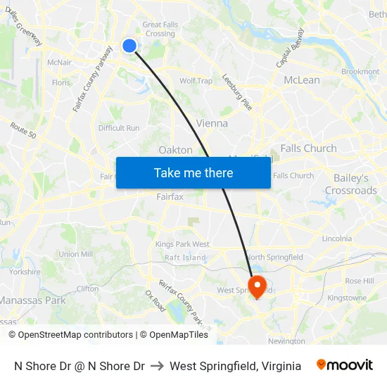 N Shore Dr @ N Shore Dr to West Springfield, Virginia map