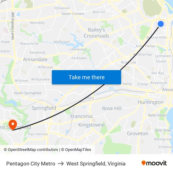 Pentagon City Metro to West Springfield, Virginia map