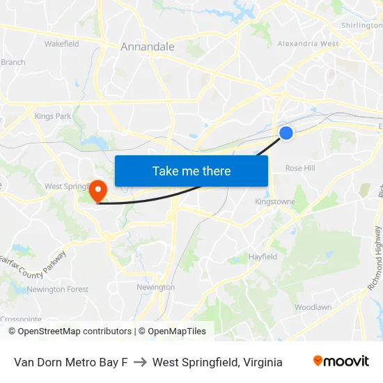 Van Dorn Metro Bay F to West Springfield, Virginia map