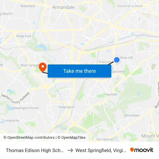 Thomas Edison High School to West Springfield, Virginia map