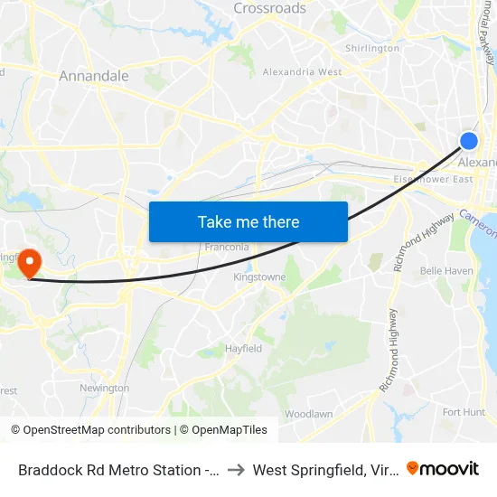 Braddock Rd Metro Station - Bay D to West Springfield, Virginia map