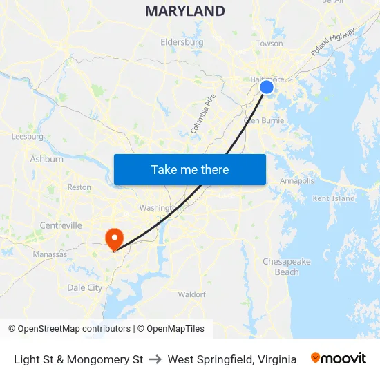 Light St & Mongomery St to West Springfield, Virginia map