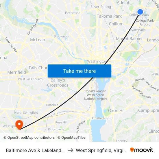 Baltimore Ave & Lakeland Rd to West Springfield, Virginia map